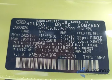 2024 Hyundai Kona Sel from USA, damaged, VIN KM8HC3AB0RU122970
